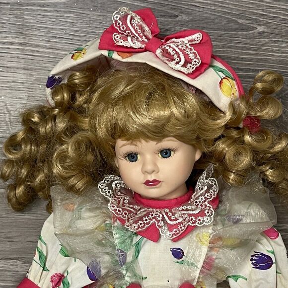 Brass Key Porcelain Doll Tulip Dress Pinafore Bonnet Pantaloons Blonde Curls 16” - Picture 2 of 8